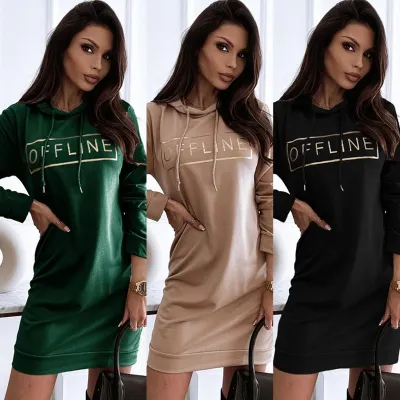 Vestido con capucha y manga larga con estampado de letras informal de otoño para mujer
