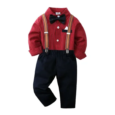 Conjunto de ropa de fiesta para niños pequeños y varones, estilo británico, camisa de manga larga con solapa y lazo, pantalones con tirantes