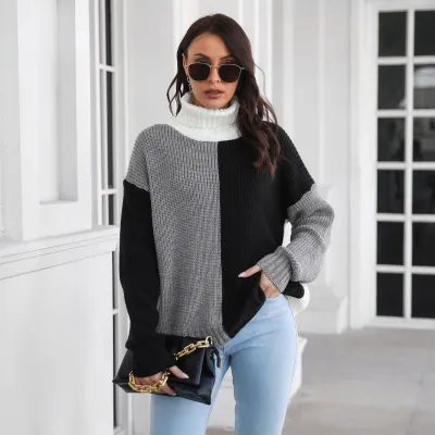 Suéter holgado de punto con cuello alto y manga larga con bloques de color para mujer