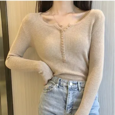 Suéter de punto básico de manga larga con escote en V y color liso para mujer para otoño