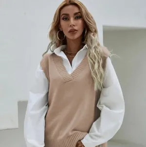 Venta al por mayor de camiseta sin mangas de punto de color liso con cuello en V informal para mujer